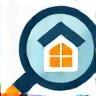 Magnifying glass over building icon for valuation