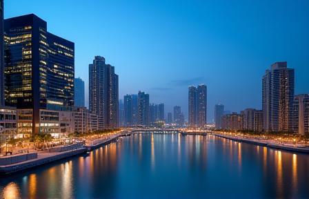Modern skyscrapers lining the Dubai Canal in Business Bay at dusk