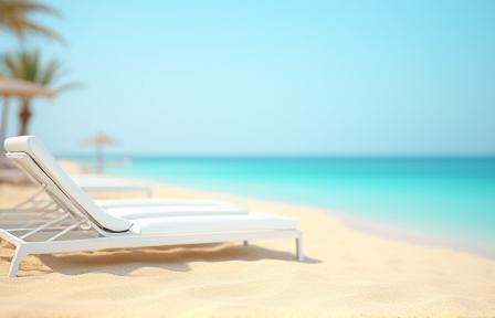 Sun loungers on the sandy beach in Jumeirah with calm blue water